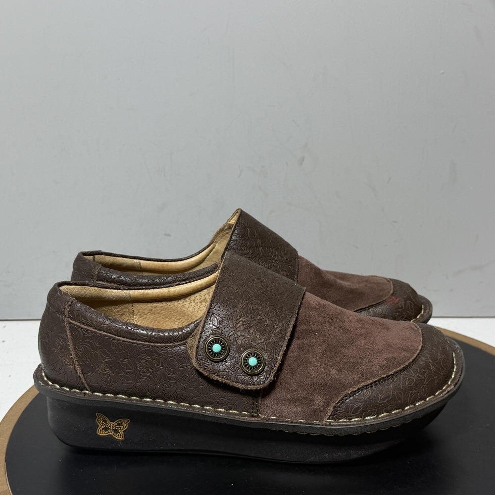 Alegria Shoes Womens Size 9 39 Brown Leather Slip On Floral Comfort Casual